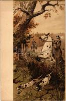 Hunting art postcard with dogs and horses. Serie 736. litho s: Heyer