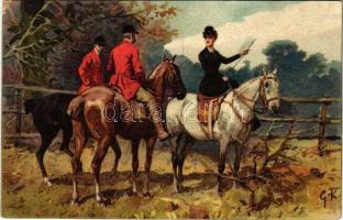 Hunting art postcard with horses (EK)