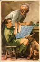 1941 A cserkész feljebbvalóinak jószívvel engedelmeskedik. Cserkész levelezőlapok kiadóhivatala / Hungarian boy scout art postcard s: Márton L. (lyukak / pinholes)