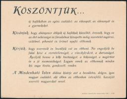 1940 ,,Köszöntjük új hajlékában az egész családot [...]&quot;, a második bécsi döntést követően az anyaországba visszatelepített magyar családnak adott köszöntő. Bp., Budapest székesfőváros háziny., kisebb saroktöréssel, 24x19 cm