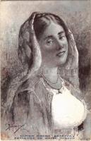 Paysanne de Messi - Corfou / Greek folklore art postcard (kis szakadás / small tear)