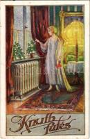 Knuth fűtés reklám. Knuth K. mérnök és gyáros, vízvezeték, központi fűtés. Budapest VII. Garay utca 10. / Hungarian heating system advertisement art postcard s: Helbing Aranka (kis szakadás / small tear)
