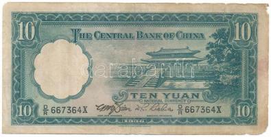 Kína 1936. 10Y "Central Bank of China" "9-es aláírás" T:VG anyaghiány 
China 19...