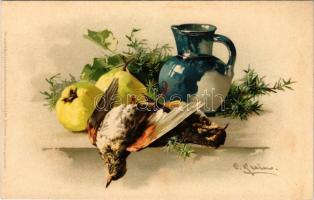 Still life art postcard with dead bird. Meissner &amp; Buch Künstler-Postkarten Serie 1167. &quot;Stillleben&quot; litho s: C. Klein (fl)