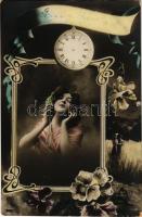 1913 Boldog Újévet / New Year greeting with lady and clock. Art Nouveau