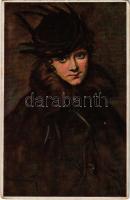 Studienkopf / Tanulmányfej / Lady art postcard, head study. Magyar Rotophot Társaság No. 73. s: Kiss Rezső (kopott sarkak / worn corners)