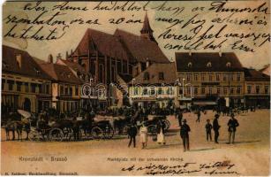 1904 Brassó, Kronstadt, Brasov; Marktplatz mit der schwarzen Kirche / Piac tér, Fekete templom, J.L. &amp; A. Hesshaimer, Heinrich Wagner üzlete. H. Zeidner kiadása / market square, church, shops (vágott / cut)