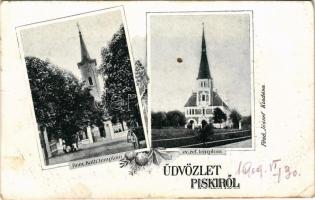 1909 Piski, Simeria; Római katolikus és református templom. Főző József kiadása / churches. Art Nouveau, floral (Rb)