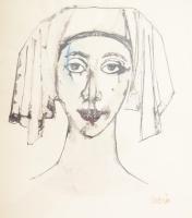 Aczél Ilona (1929-2000): Hölgy divatos fejkendőben. Tus, papír, jelzett. Üvegezett keretben. 29,5x21...