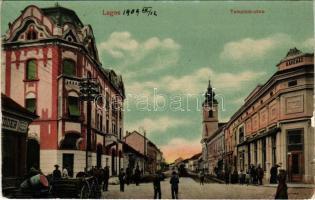 Lugos, Lugoj; Templom utca, kávéház, útépítés / street, cafe, road construction