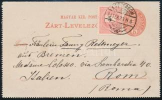 1894 5kr díjjegyes zárt levelezőlap 5kr díjkiegészítéssel "ESZTERGOM" - Róma, érkezési bélyegzéssel