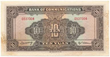 Kína 1941. 10Y "Bank of Communications" T:VF hajtatlan, foltos, kis anyaghiány
China 1941...