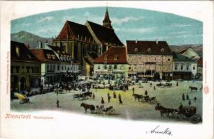 1900 Brassó, Kronstadt, Brasov; Marktplatz / Piactér, üzletek. Hiemesch kiadása, Louis Glaser Auto-Chrom / market square, shops (EB)