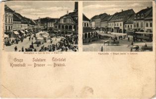 1902 Brassó, Kronstadt, Brasov; Marktplatz, Flachszeile / Loc de terg, Tergul inului / Piactér, Len sor, városi vasút, üzletek / market square, urban railway, train, shops (EM)