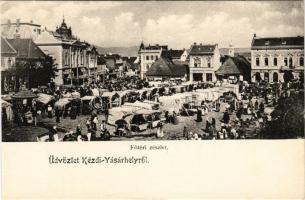 Kézdivásárhely, Targu Secuiesc; Fő tér, piac, Nemzeti szálloda, Dávid Gyula üzlete / main square, market, hotel, shops