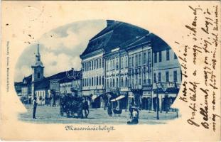 1899 (Vorläufer) Marosvásárhely, Targu Mures; tér, Gönczy Árpád, Widder Antal üzlete. Bogdánffy István kiadása / square, shops (kis szakadás / small tear)