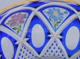 Antik asztalközép kínáló, kristály, pácolt, zománcfestett, kopással d: 22,5 cm, m: 10 cm