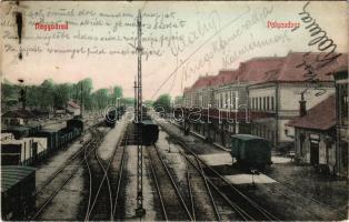 1907 Nagyvárad, Oradea; pályaudvar, vasútállomás, vonatok. Bettelheim Miksa és társa kiadása / railway station, trains (apró szakadás / tiny tear) + "BRASSÓ-BUDAPEST 16. SZ." vasúti mozgóposta