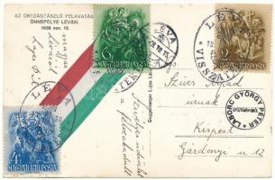 1938 Léva, Levice; bevonulás, Országzászló felavatási ünnepélye a városháza előtt. Guggenberger Lajo...