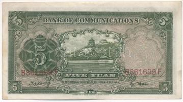 Kína 1935. 5Y "Bank of Communications" T:XF hajtatlan, széleken és sarkokon hajlások, folt...