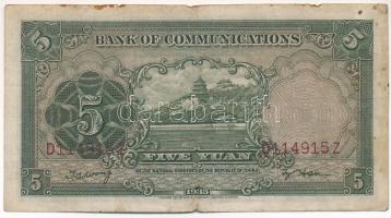 Kína 1935. 5Y "Bank of Communications" T:F kisebb beszakadások, folt
China 1935. 5 Yuan &...