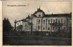 1940 Csíkszereda, Miercurea Ciuc; bevonulás, Vármegyeháza, díszkapu. Vákár kiadása / entry of the Hungarian troops, county hall, decorated gate + &quot;1940 Csíkszereda visszatért&quot; So. Stpl. (vágott / cut)