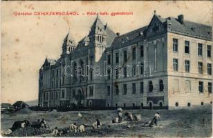 Csíkszereda, Miercurea Ciuc; Római katolikus gimnázium, építkezés. Szvoboda Miklósa kiadása / school, construction (fl)