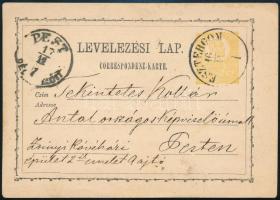 1871 I. típusú 2kr díjjegyes levelezőlap &quot;ESZTERGOM&quot; - &quot;PEST /DÉL ELŐTT&quot;