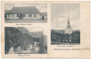 1912 Székelyhodos, Székely-Hódos, Hodos, Hodosa; Körjegyzői lak, Római katolikus templom, Nagy Márton üzlete és saját kiadása. Lang Henrik fényképészeti műterme / notary&#039;s house, Catholic church, publisher&#039;s shop (EK)