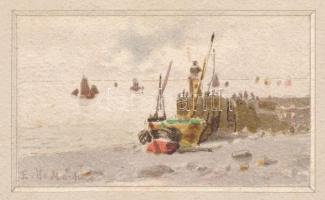 Eduardo de Martino (1838-1912): Csónakok a vízparton. Akvarell, papír, jelezve balra lent. 4,5x7,5 cm