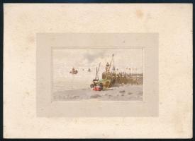 Eduardo de Martino (1838-1912): Csónakok a vízparton. Akvarell, papír, jelezve balra lent. 4,5x7,5 c...