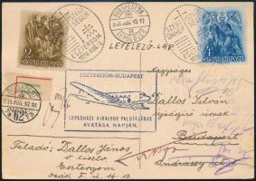 1938 Légi levelezőlap "ESZTERGOM-BUDAPEST / ÁRPÁDHÁZI KIRÁLYOK PALOTÁJÁNAK AVATÁSA NAPJÁN", "Ismeretlen" címkével