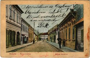 1913 Szászváros, Broos, Orastie; Strada Berariei / Sörház utca, üzletek / street view, shops (kopott sarkak / worn corners)