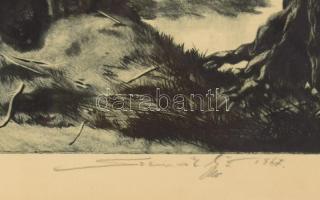 Szennik György (1923-2007): Halászkunyhó. Rézkarc, papír, jelzett, 24×48 cm, üvegezett fakeretben