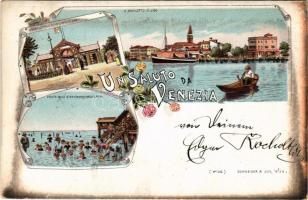 Venezia, Venice; S Nicoletto di Lido, Ingresso allo stabilimento bagni, veduta dello stabilimento verso il mare / beach. Schneider &amp; Lux Art Nouveau, floral, litho (Rb)