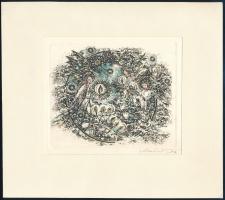 Olvashatatlan jelzéssel: Angyalok, színezett rézkarc, papír, paszpartuban, 10,5×12,5 cm