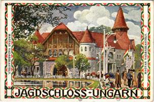 1910 Wien, Erste Internationale Jagdausstellung. Jagdschloss Ungarn / Magyar vadászkastély / The First International Hunting Exposition in Vienna, Hungarian hunting castle. Advertisement art postcard s: H. Kalmsteiner