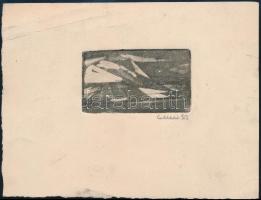 Csavlek András (1942- ): Táj (Dunakanyar v. Balatonfelvidék?), 1962. Rézkarc, papír, jelzett, 4,5x8 ...