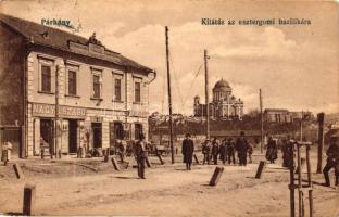 1918 Párkány, Stúrovó; Esztergomi bazilika, Nagy &amp; Szabó és Steiner Mór üzlete. Vasúti levelezőlapárusítás 9033. / basilica, shops (EK)