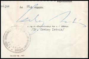 1948 Pécs, szigorlati bizonyítvány Csekey István (1889-1963) jogtudós aláírásával