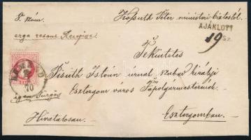 1870 3 x 5kr tértivevényes hivatalos ajánlott levélen, a hátoldali bélyegek hiányosak &quot;KÉMÉND&quot; - &quot;ESZTERGOM&quot;