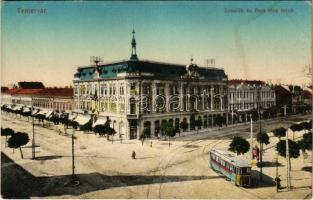 Temesvár, Timisoara; Kossuth és Bem utca sarok, villamos, Takarékpénztár. Vasúti levelezőlapárusítás 64. sz. 1915. / street, tram, savings bank (r)