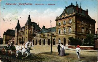 1916 Temesvár, Timisoara; Józsefváros, Pályaudvar, vasútállomás, hintó montázs / railway station, horse-drawn carriage montage (EK)