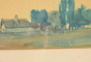 Sáros András (1912-1983): Faluvége, Akvarell, papír. Üvegezett, keretben. üveg repedt 24x36 cm