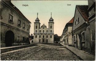 1915 Eszék, Essegg, Osijek; Grad / Vár, utca, vendéglő, templom / castle, street, restaurant, church (gyűrődés / crease)