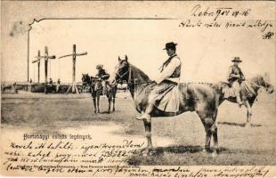 1904 Hortobágy, csikós legények, magyar folklór. Pongrácz Géza kiadása. Kiss Ferenc eredeti fényképe után (ázott sarkak / wet corners)