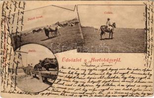 1900 Hortobágy, Delelő lovak, csikós, itatás, magyar folklór. László Albert kiadása (szakadások / tears)