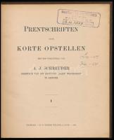 Schreuder, A. J.: Prentschriften voor korte opstellen met een toelichting van - - . I-IV. füzet. [Egybekötve]. Haarlem, 1909, H. D. Tjeenk Willink &amp; Zoon. Egészoldalas, fekete-fehér képekkel (a többi lap üres, kitöltetlen). Egészvászon-kötésben, jó állapotban, régi intézményi bélyegzőkkel.