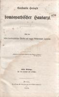 Hering, Constantin:  Constantin Hering's Homöopatischer Hausartzt. Nach den besten homöopatischen Werken und eigenem Erfahrungen bearbeitet. Jena, 1860. Druck und Verlag von Friedrich Frommann. X + 325 + [1] p. Constatin Hering (1880-1880) német származású amerikai orvos és természetgyógyász, a hasonszenvi gyógymód első nagy amerikai képviselője. A lipcsei és würzburgi egyetemeken végzett tanulmányai után a szász uralkodó megbízásából egy latin-amerikai expedíció munkatársa volt. A német orvos 1833-tól az Egyesült Államok keleti partján, Philadelphiában telepedett le, több amerikai egyetemen is tanított, valamint természetgyógyászi praxist is vezetett. A természetgyógyászat terén első munkáját még 1828-ban adta ki, ,,Homöopathischer Hausarzt" címmel, ennek javított kiadásai ,,Constantin Hering's Homoeopatischer Hausartzt" címmel 1840 után számos alkalommal megjelentek. Példányunk a 11. kiadásból való. A szerző a testi bajokra gyógynövény-használatot, illetve életmód-változtatást javasol. A munka második részében az érzékszervek betegségeire, illetve belgyógyászati problémákra javasol gyógynövényes kúrát, a nőgyógyászat és a gyermekgyógyászat témáira is kitérve. A kötet végén részletes tárgymutató. Gót betűs szövegoldalakkal. Az első előzéken és a címoldalon régi tulajdonosi szárazbélyegzés. Számos oldalon enyhe foxing, illetve halvány foltosság, két levél sarkán apró, a szövegtükröt nem érintő hiány. Poss.: Josef Steinbach pesti gyarmatáru-kereskedő. Aranyozott gerincű, vaknyomásos korabeli egészvászon kötésben. Jó példány.