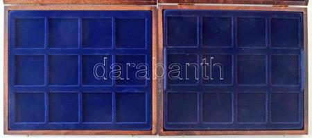 2db "EURO" feliratú igényes fa, bársonnyal bélelt érmetartó kazetta, az egyik 12db 5x5cm-e...